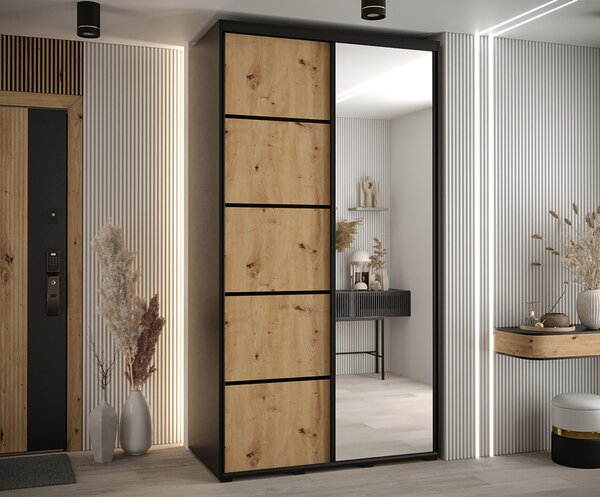 Šatní skříň s posuvnými dveřmi a zrcadlem DAVOS 5, 140cm | Černá / DUB Artisan / černé