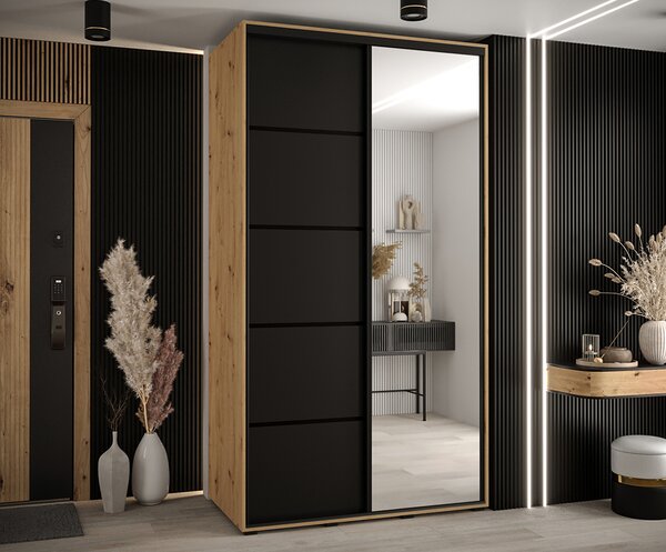Šatní skříň s posuvnými dveřmi a zrcadlem DAVOS 5, 140cm | DUB Artisan/černá/černé pojezd