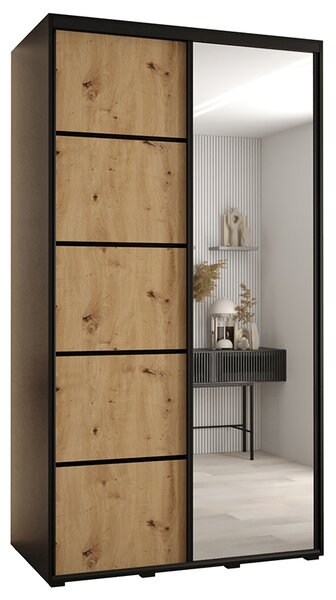 Šatní skříň s posuvnými dveřmi a zrcadlem DAVOS 5, 140cm | Černá / DUB Artisan / černé