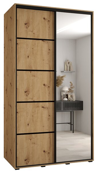 Šatní skříň s posuvnými dveřmi a zrcadlem DAVOS 5, 140cm | DUB Artisan / černé pojezdy