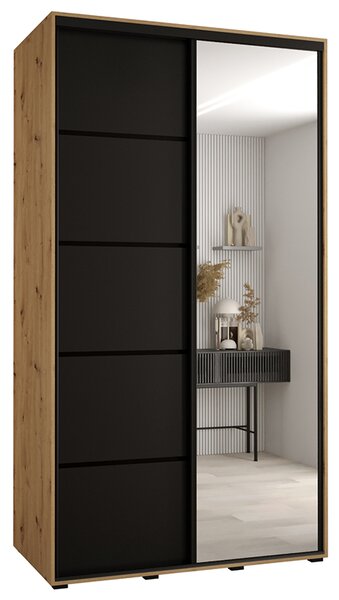Šatní skříň s posuvnými dveřmi a zrcadlem DAVOS 5, 140cm | DUB Artisan/černá/černé pojezd