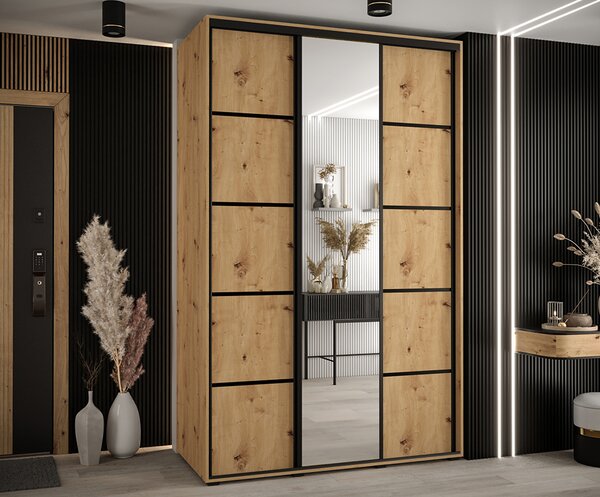 Šatní skříň s posuvnými dveřmi a zrcadlem DAVOS 5, 160cm | DUB Artisan / černé pojezdy