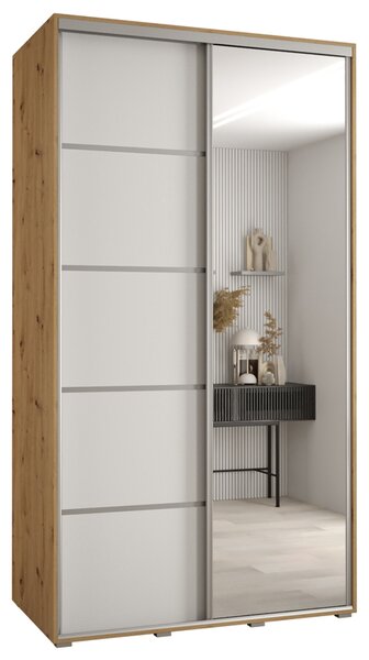 Šatní skříň DAVOS 5 posuvné dvěře a zrcadlo, 140×235×45, DUB Artisan / bílá / stříbrné