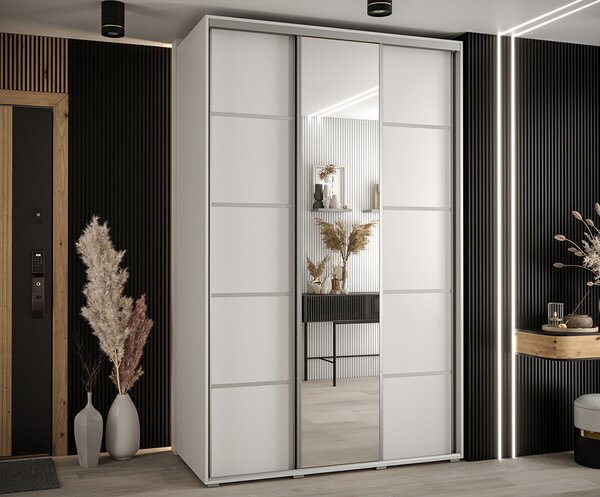 Šatní skříň s posuvnými dveřmi a zrcadlem DAVOS 5, 160cm | Bílá / stříbrné pojezdy
