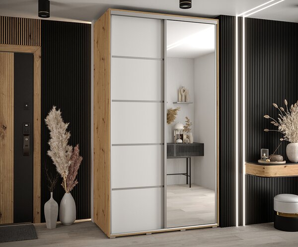Šatní skříň DAVOS 5 posuvné dvěře a zrcadlo, 140×235×45, DUB Artisan / bílá / stříbrné