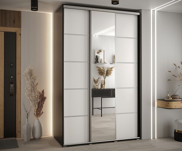 Šatní skříň s posuvnými dveřmi a zrcadlem DAVOS 5, 160cm | Černá / bílá / stříbrné pojezdy