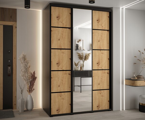 Šatní skříň s posuvnými dveřmi a zrcadlem DAVOS 5, 160cm | Černá / DUB Artisan / černé