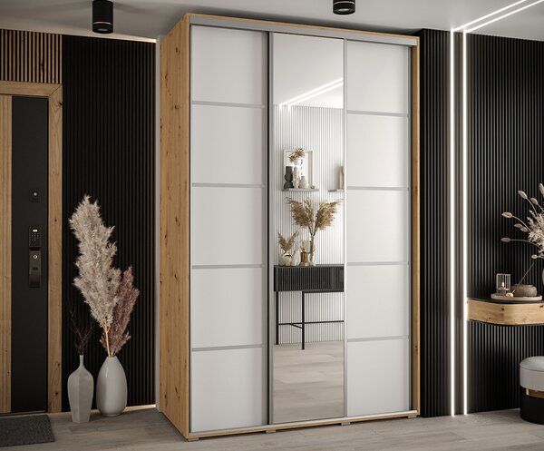 Šatní skříň s posuvnými dveřmi a zrcadlem DAVOS 5, 160cm | DUB Artisan / bílá / stříbrné