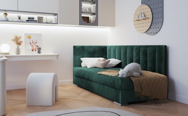 Jednolůžková čalouněná postel s úložným prostorem 90x200 BEGRA 5 - zelená, levé provedení