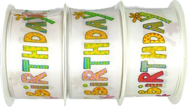 AKCE 2+1 zdarma- Stuha narozeninová HAPPY BIRTHDAY bílá 40mm x 2m (cena za 3ks)