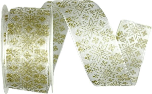 Vánoční stuha organzová GLAMOUR FLOWERS GOLD bílá 40mm x 2m (16,-Kč/m)