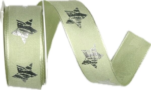 Stuha vánoční RUSTIC STAR GREEN zelená 25mm x 2m (12,-Kč/m)