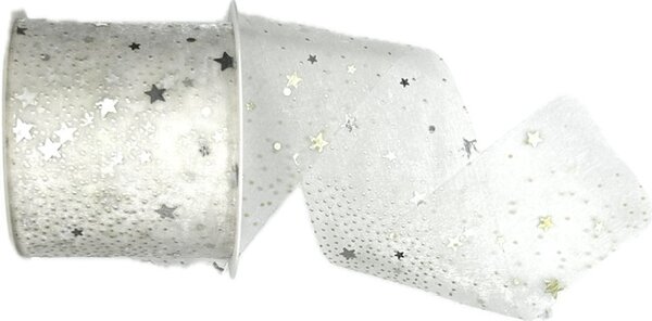 Stuha vánoční Organza Starshine – Crystal White bílá 60mm x 3m (16,-Kč/m)