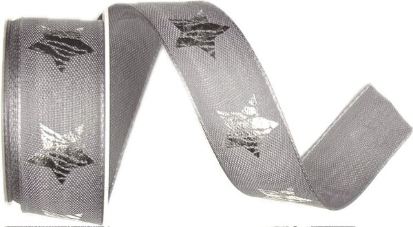 Stuha vánoční RUSTIC STAR GRAY šedá 25mm x 2m (12,-Kč/m)