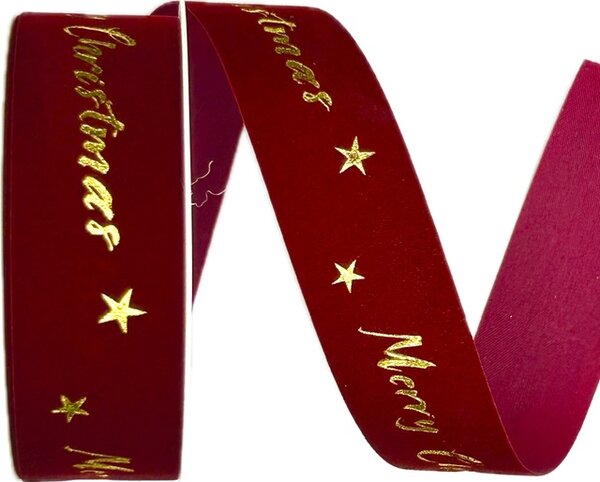 Stuha vánoční sametová VELUTTO MERRY CHRISTMAS BURGUNDY bordó 25mm x 3m (10,-Kč/m)