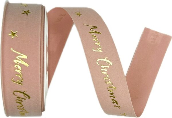 Stuha vánoční sametová VELUTTO MERRY CHRISTMAS PINK růžová 25mm x 3m (10,-Kč/m)