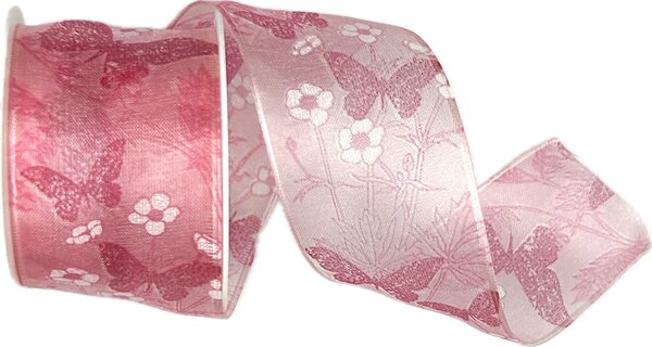Stuha taftová SPRING WHISPER BUTTERFLY PINK růžová průsvitná 40mm x 2m (13,-Kč/m)