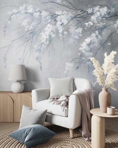 Fototapety Jemná třešňová větev s bílými květy a listy, malířský styl, Fototapety květiny, w10024v1 : uwalls.cz