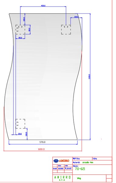 Zrcadlo na zeď pokoje ložnice koupelny tvarové WING o síle 4 mm, 60 x 110 cm vlnka s fazetou 10mm na krátkých hranách včetně závěsů 711-621