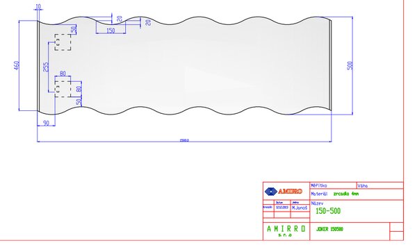 Zrcadlo na zeď do pokoje ložnice koupelny tvarové JOKER o síle 4 mm, 50 x 150 cm, vlnka, s fazetou 10mm na krátkých hranách, včetně závěsů 150-500