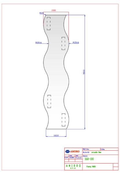 Zrcadlo na zeď dveře chodbu do pokoje ložnice koupelny předsíně tvarové nalepovací FUNNY o síle 3 mm, 20 x 90 cm, vlnka, broušené hrany 160-100