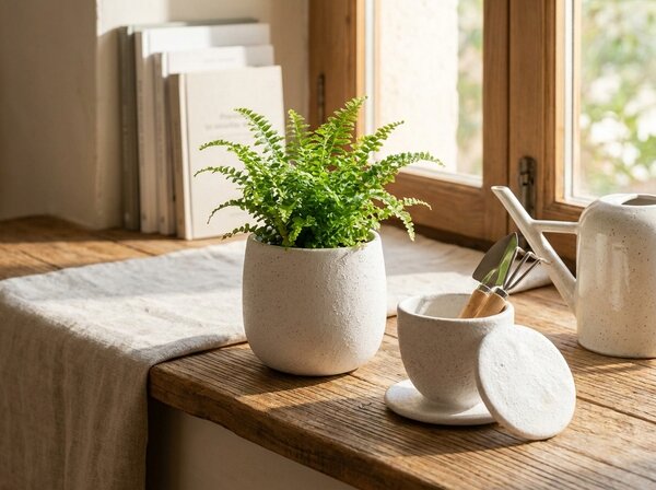 Dvoudílná keramická sada květináče a nádobky NEST 10 cm, bílá