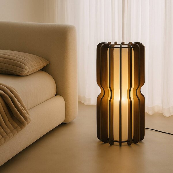 Lucande stojací lampa Juneta, 75 cm, hnědá, dřevo, textil, Tmavé dřevo, Obývací pokoj / jídelna, Dřevo, Skandinávský