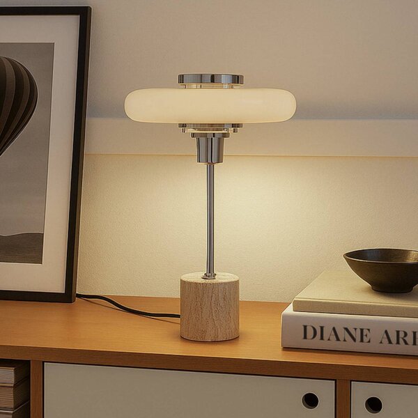 Lindby stolní lampa Branford, retro, béžová, kov/travertin, Krémová / jantar, Obývací pokoj / jídelna, kov, Vintage