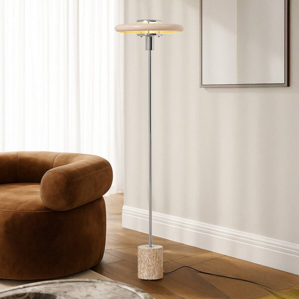 Lindby stojací lampa Branford, retro, béžová, kov/travertin, Krémová / jantar, Obývací pokoj / jídelna, kov, Vintage