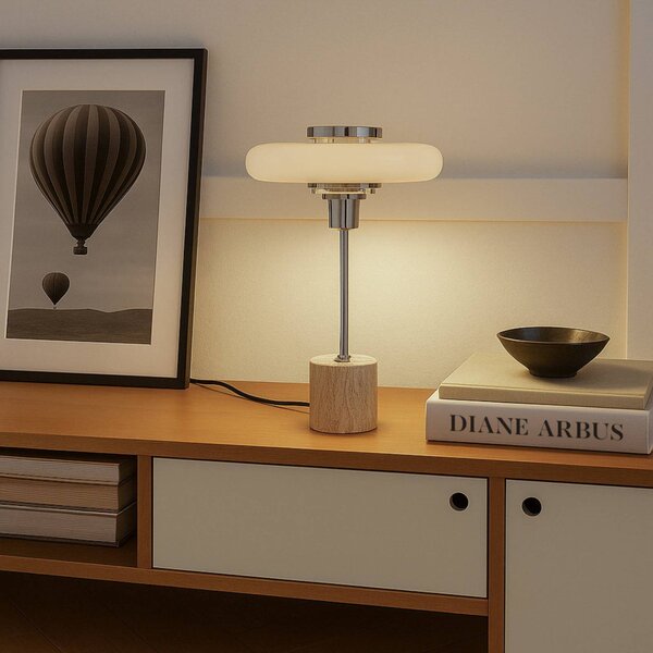 Lindby stolní lampa Branford, retro, béžová, kov/travertin, Krémová / jantar, Obývací pokoj / jídelna, kov, Vintage