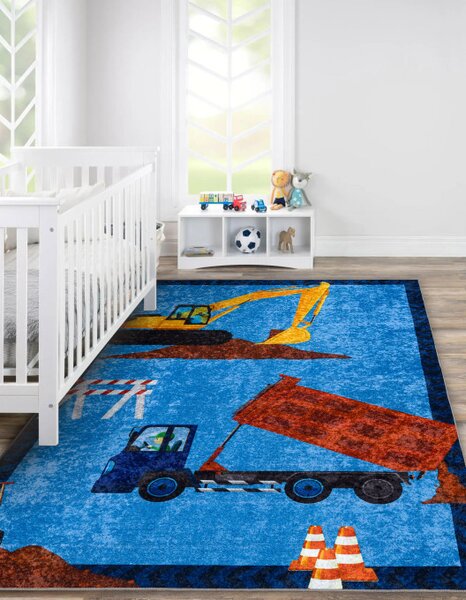 Koberec JUNIOR 51827.803 nákladní automobil / bagr, modrý
