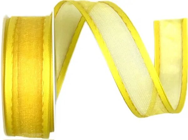Stuha organzová CHAMPAGNER Sunny Yellow prošívaná žlutá 25mm x 2m (12,-Kč/m)