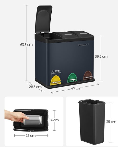 SONGMICS Odpadkový koš na tříděný odpad SONA 3v1 + 3x8 l černý