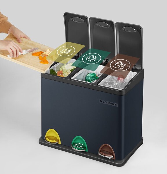 SONGMICS Odpadkový koš na tříděný odpad SONA 3v1 + 3x8 l černý