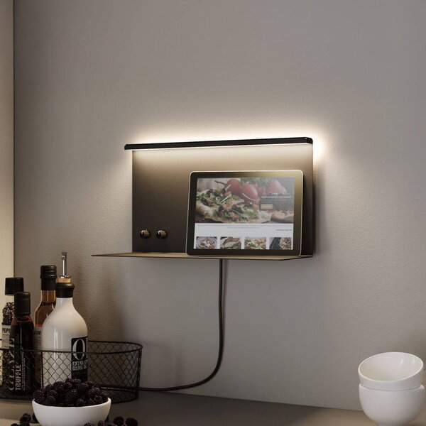 Paulmann LED nástěnné světlo Jarina černá 35 cm odkládací plocha USB port, stmívatelný, Černá, Ložnice, kov, Moderní