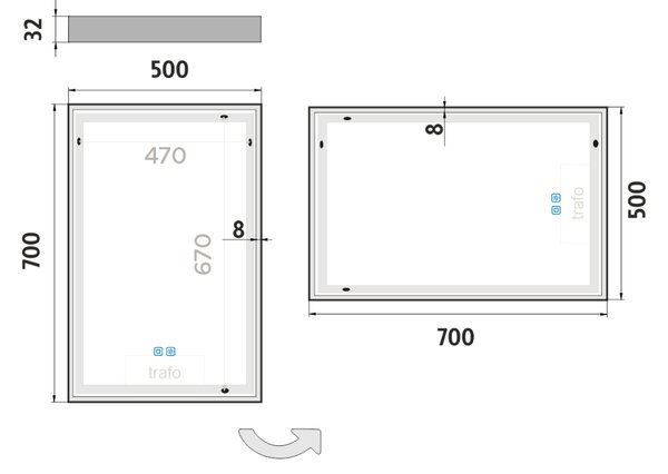 Bílé LED zrcadlo 500x700 se dvěma dotykovými senzory