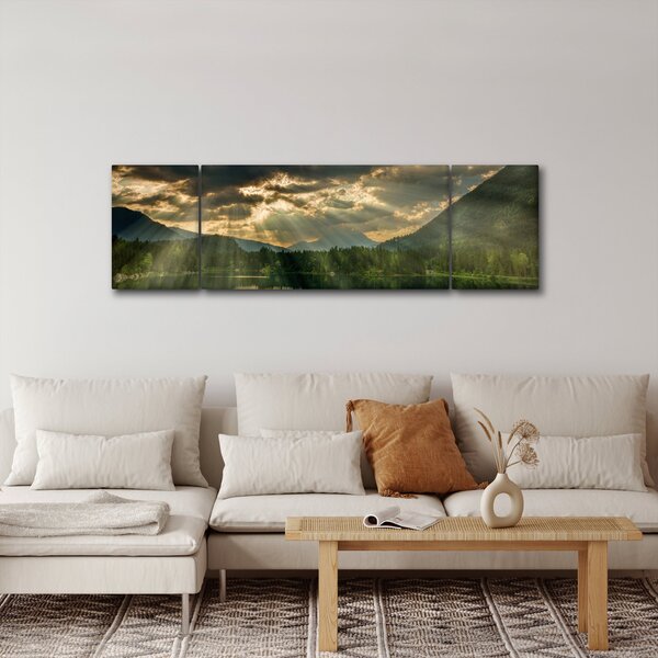 Obraz jezera s průsvitajícím sluncem (170x50 cm)