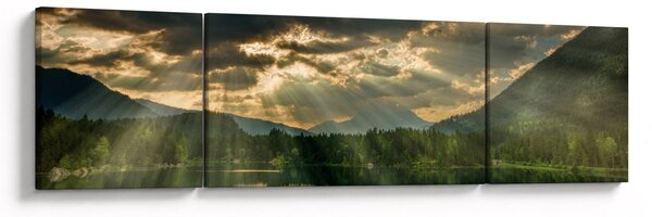 Obraz jezera s průsvitajícím sluncem (170x50 cm)