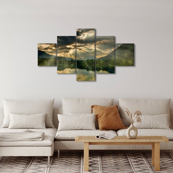 Obraz jezera s průsvitajícím sluncem (125x70 cm)