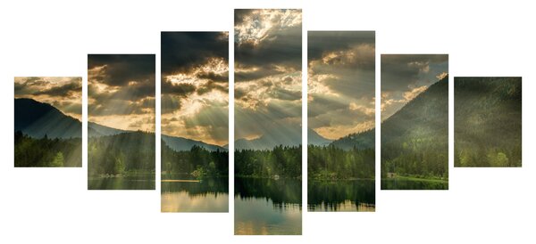 Obraz jezera s průsvitajícím sluncem (210x100 cm)