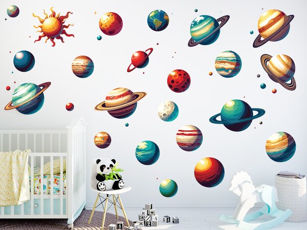 Planety a planetky textilní přelepitelné samolepky na zeď arch 47 x 31 cm