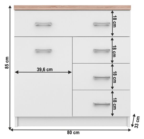 Komoda 1d4s, DTD laminovaná, bílá / dub sonoma, TOPTY