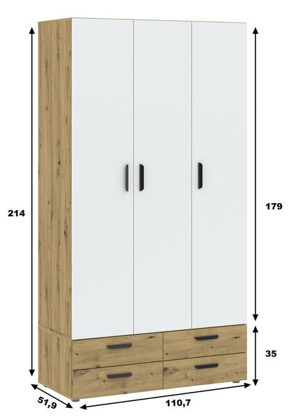 Třídveřová šatní skříň 111 cm se šuplíky RICHLAND - dub artisan