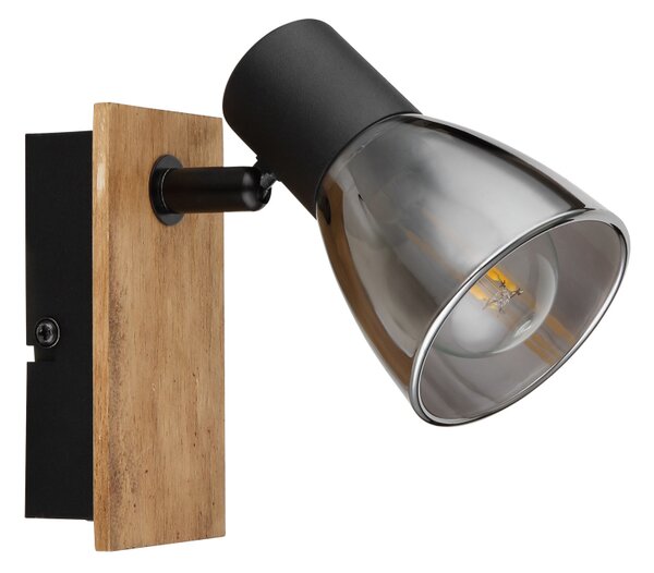 Globo 54307-1W CLAUDE - Nástěnná lampička s dřevěnou monturou a kouřovým sklem, vypínač, 1 x E14 (Nástěnná lampa s vypínačem na svítidle)