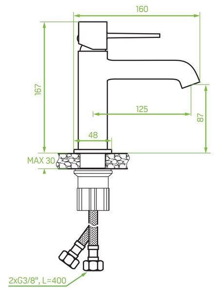Laveo Pola, umyvadlová baterie h-167, černá matná, LAV-BAP_722D