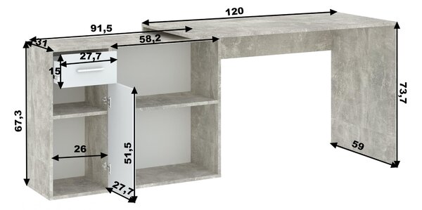 Rohový psací stůl WESLACO - beton / bílý