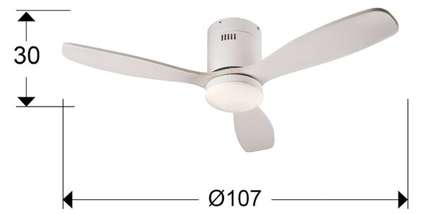 Schuller Valencia Stropní ventilátor LED Siroco Mini, DC, tichý, bílý,, stmívatelný, Bílá / opál, Obývací pokoj / jídelna, Dřevo, Moderní