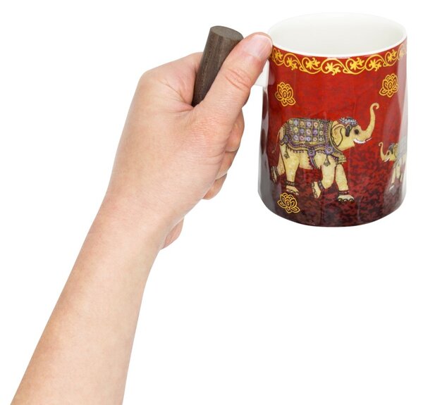 Porcelánový hrnek Tea Logic Sloní štěstí, červený, dřevěná rukojeť, zlaté ornamenty, 400 ml