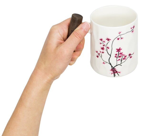 Porcelánový hrnek Tea Logic Sakura, bílý, dřevěná rukojeť, sakury, vlnkový reliéf, 400 ml