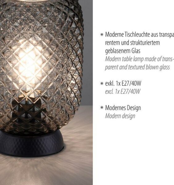 LEUCHTEN DIREKT is JUST LIGHT stolní lampa černá kouřové sklo šňůrový vypínač kruhové LD 14906-18